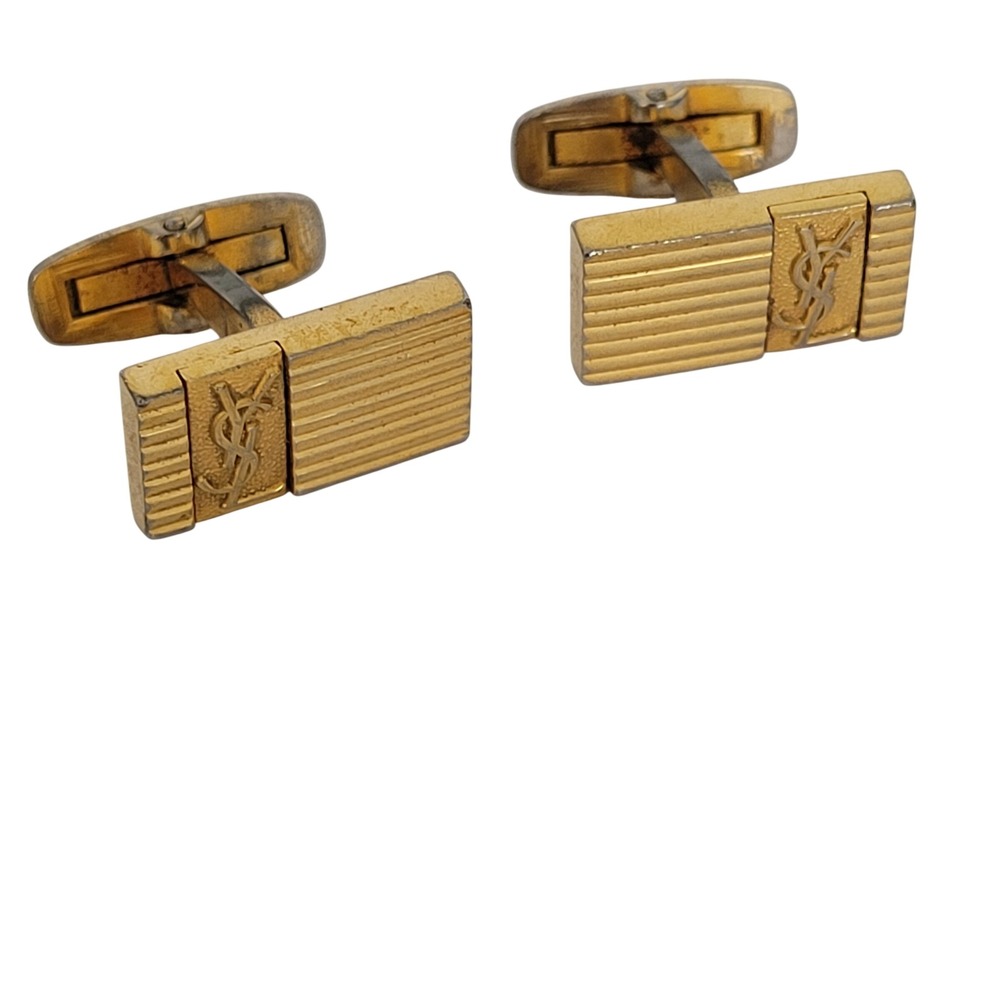Yves Saint Laurent Vintage Gold Tone Ribbed Monogram YSL Logo Cufflinks Mens